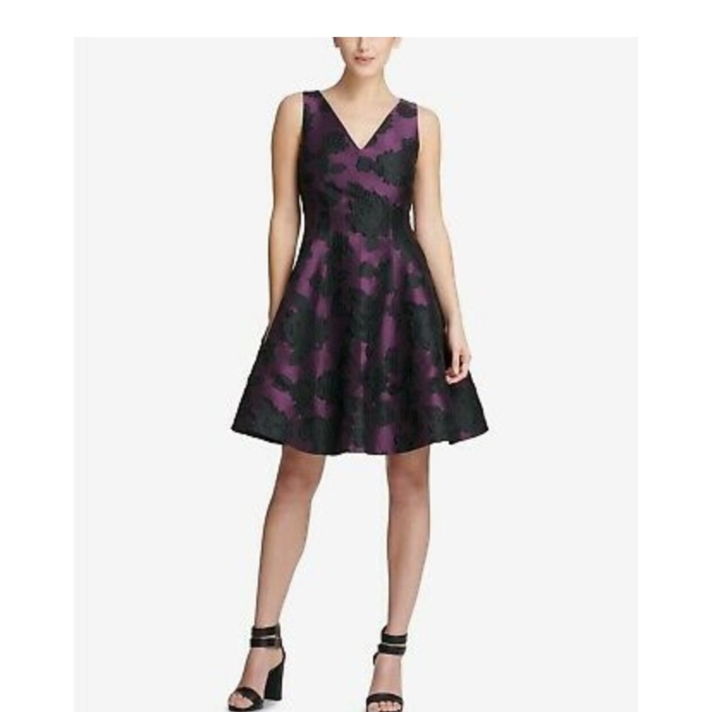Purple & Black Floral V-Neck Jacquard Fit & Flare